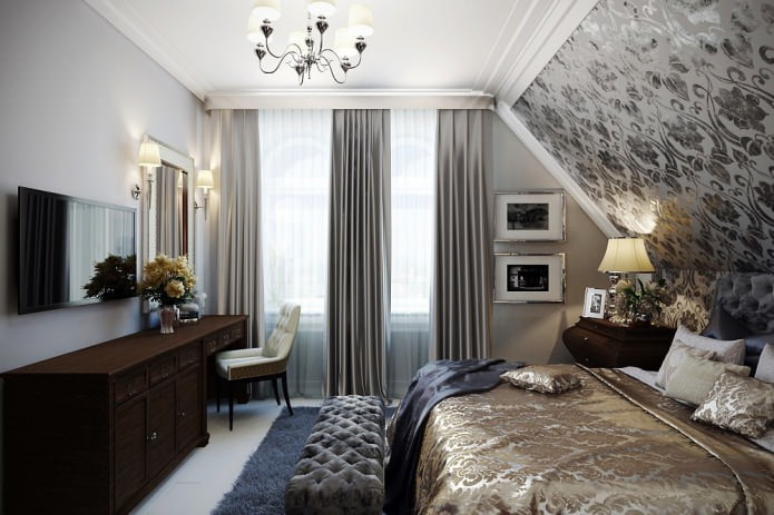 Rideaux gris et blancs dans la décoration de la chambre avec du papier peint gris