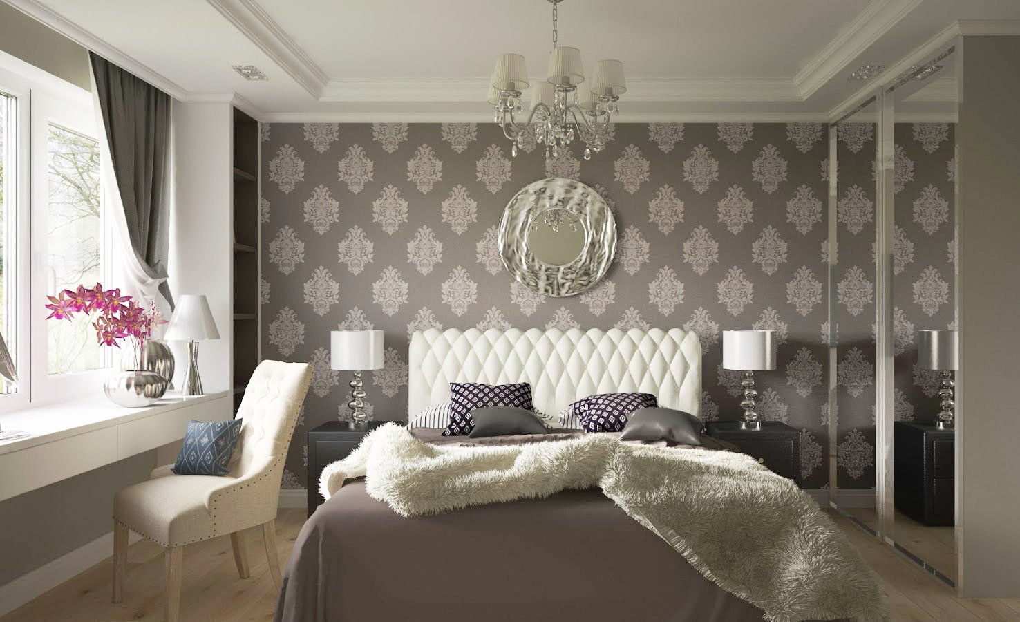 Intérieur de chambre avec papier peint gris