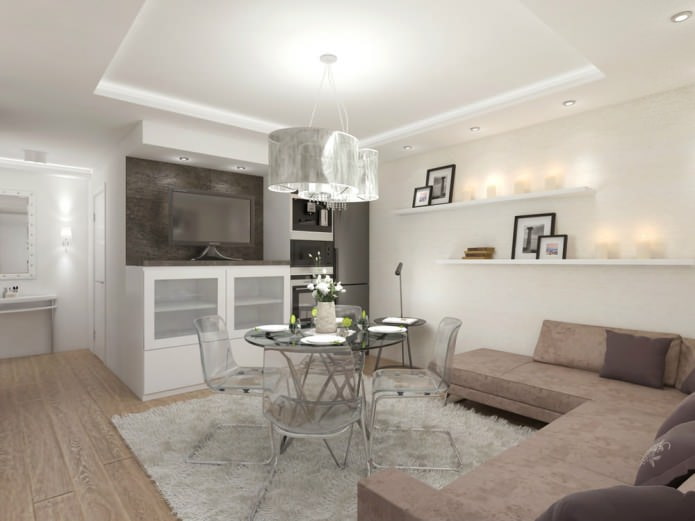 salle à manger spacieuse dans un appartement de trois pièces