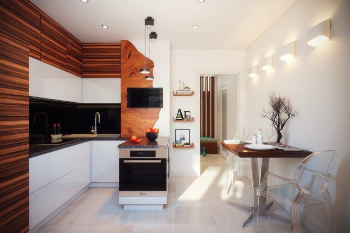 Cuisine blanche et marron avec caisson de ventilation