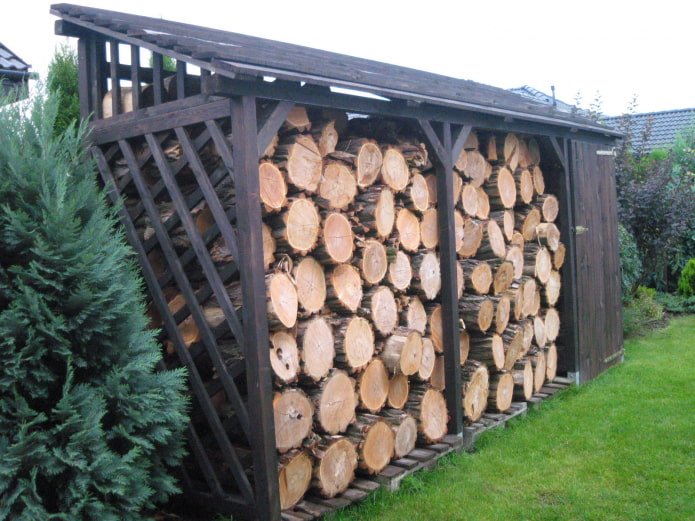 un abri à bois près d'une clôture