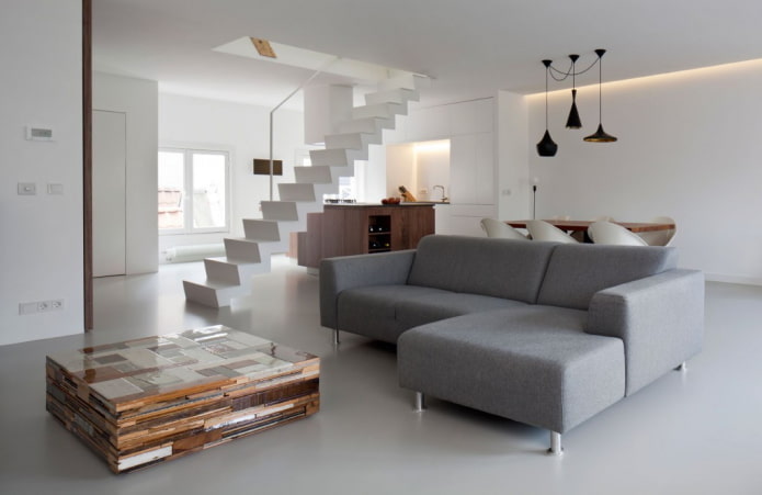 Intérieur d'un appartement à deux niveaux dans un style minimaliste