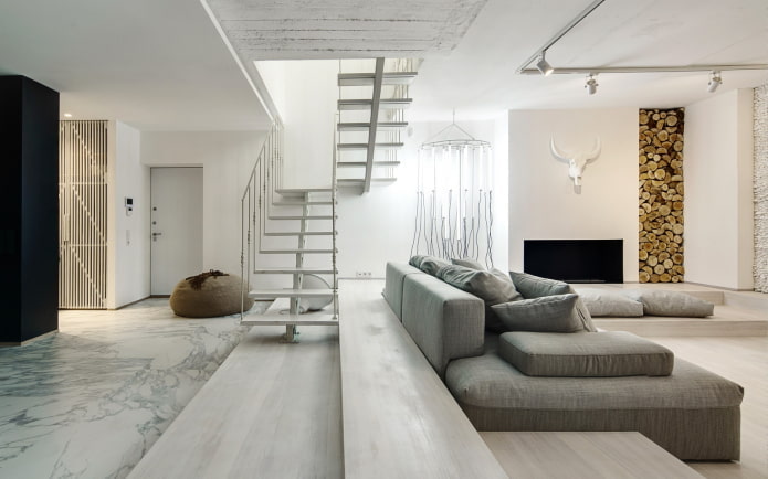 Intérieur d'un appartement à deux niveaux dans un style minimaliste style