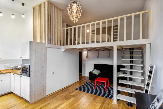 Aménagement intérieur d'un studio à deux niveaux