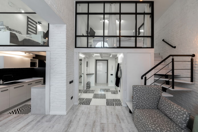 Aménagement intérieur d'un studio sur deux niveaux