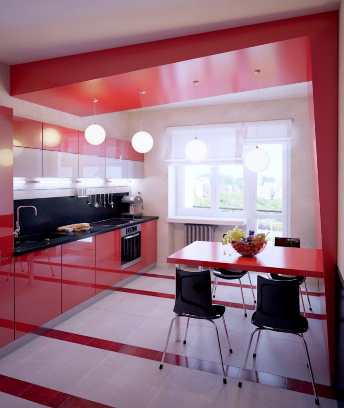 Design rouge à deux niveaux dans la cuisine