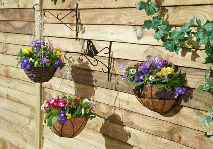 Pots de fleurs suspendus dans le jardin