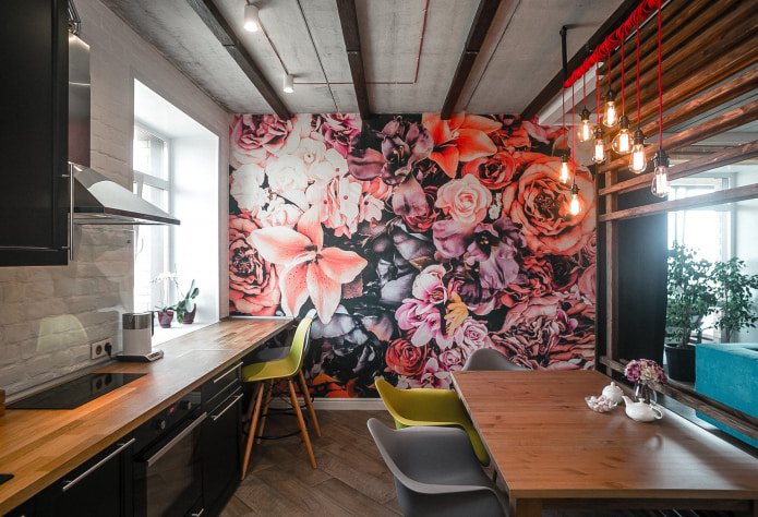 Papier peint photo dans la cuisine de style loft