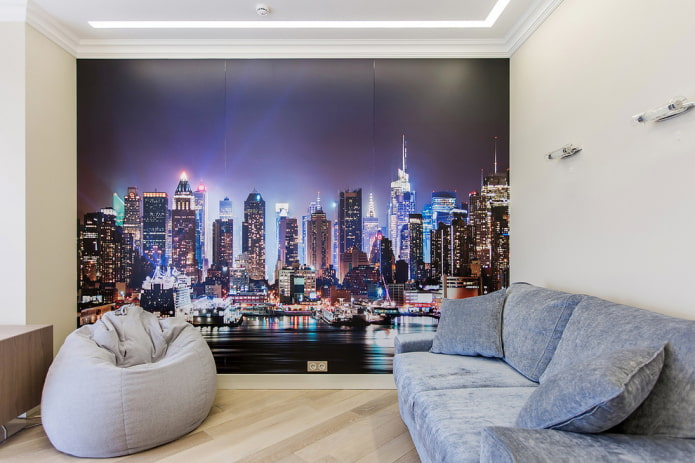 Papier peint avec une image d'une ville nocturne dans le salon