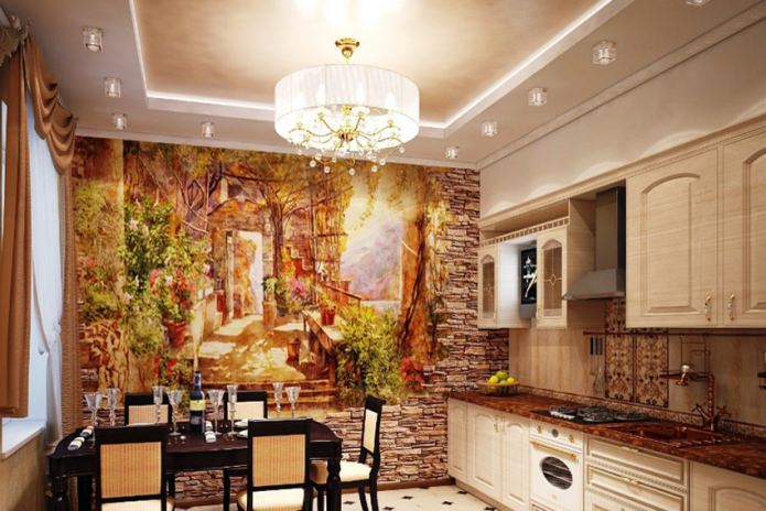fresque sur un mur d'accent en pierre dans la cuisine