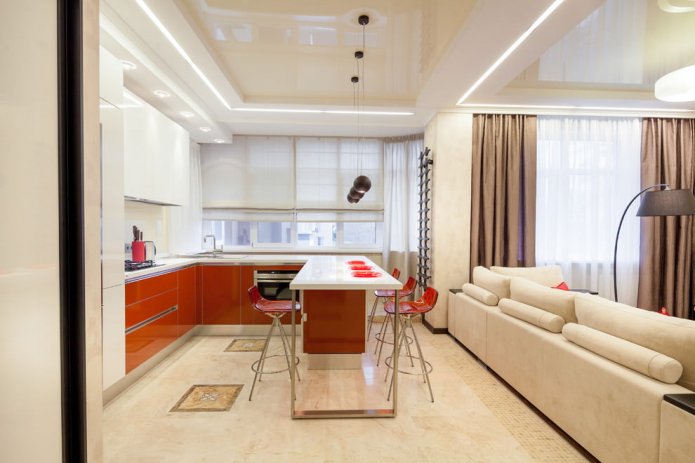 plafond à deux niveaux dans la cuisine-salon