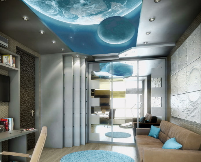 Plafond gris-bleu avec impression photo