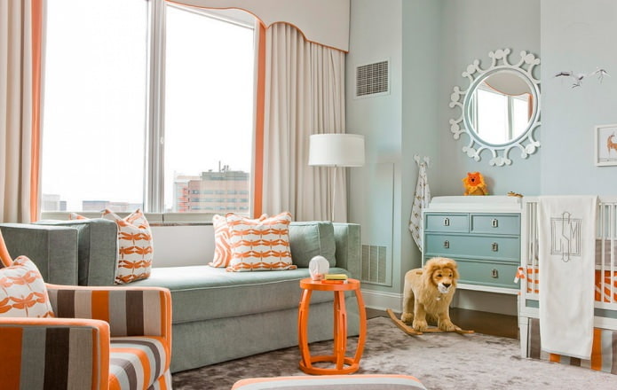 Intérieur de chambre d'enfant orange et bleu de style moderne