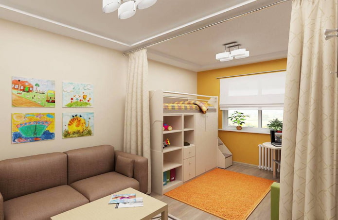 zonage à l'intérieur du salon-chambre d'enfants