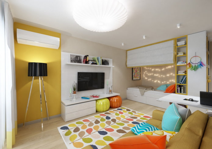 intérieur d'un petit salon combiné avec une chambre d'enfant
