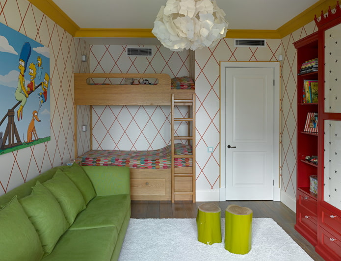 intérieur d'un petit salon combiné avec une chambre d'enfant