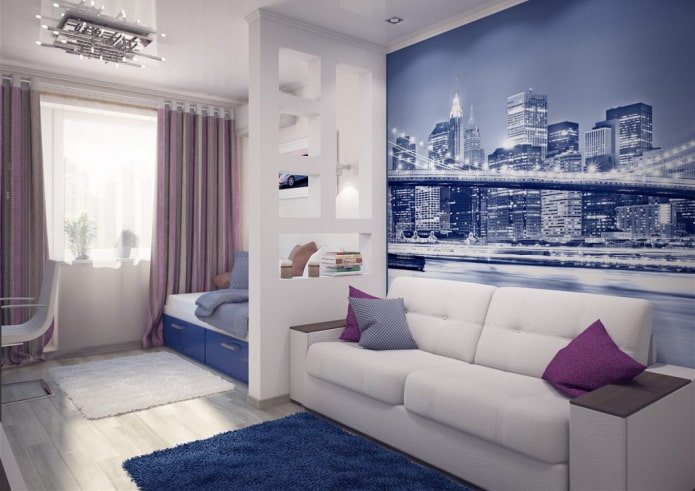 intérieur d'un petit salon combiné avec une chambre d'enfant