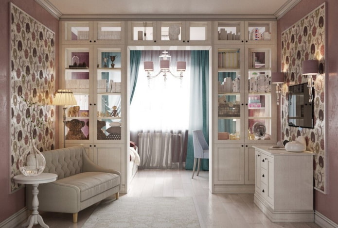 intérieur d'un petit salon combiné avec une chambre d'enfant