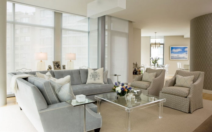 Intérieur de salon aux tons gris-beige