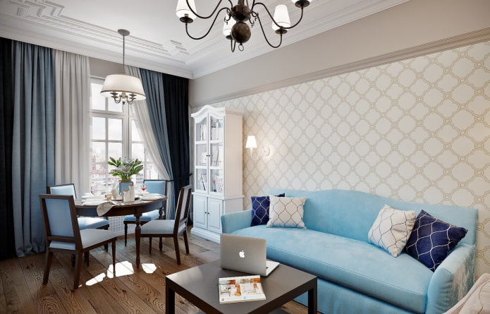 intérieur du salon dans des tons beige et bleu