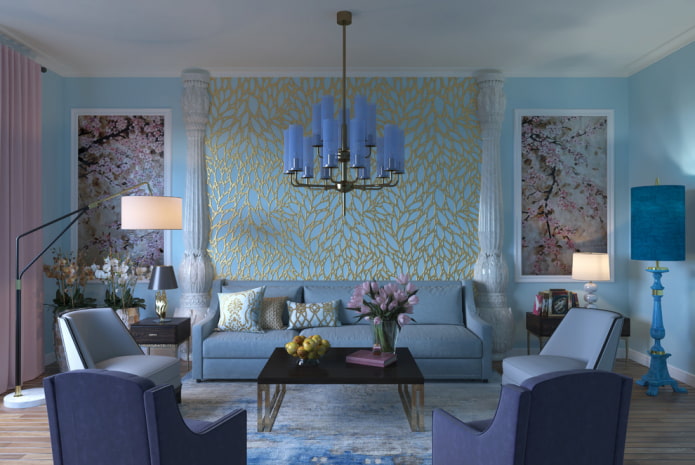 Décoration et textiles dans un salon bleu