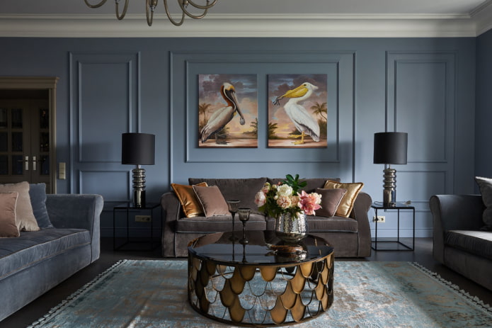 Décoration et textiles dans l'intérieur d'un salon bleu