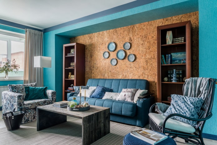 intérieur d'un salon marron et bleu
