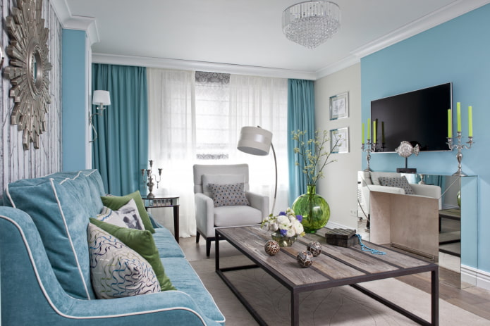 Intérieur d'un salon blanc et bleu