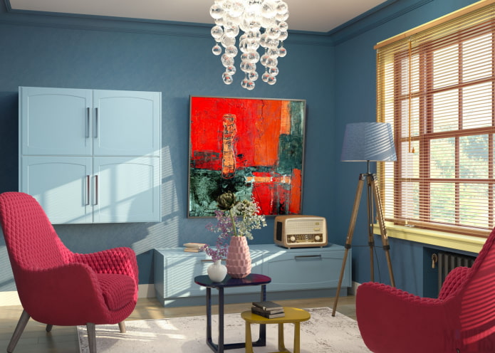 Salon bleu aux accents lumineux