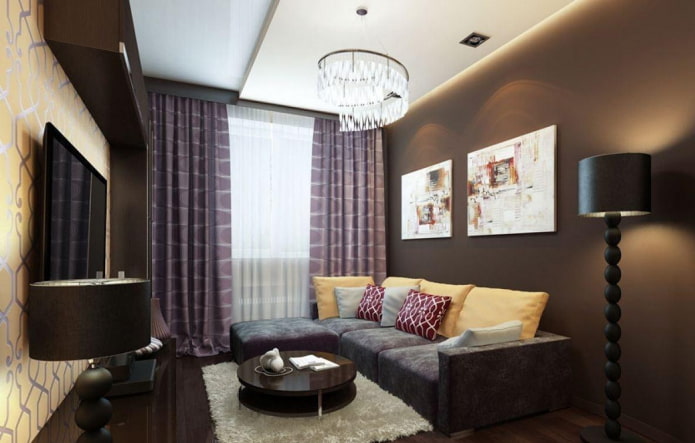 Salon marron à l'intérieur d'un appartement Khrouchtchev