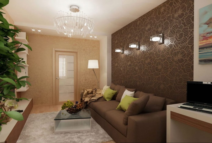 Salon marron à l'intérieur d'un appartement Khrouchtchev