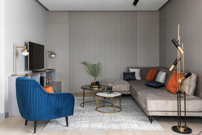 Design intérieur de salon dans les tons gris