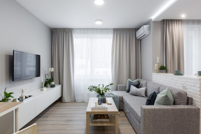 Intérieur de salon dans les tons gris et blancs