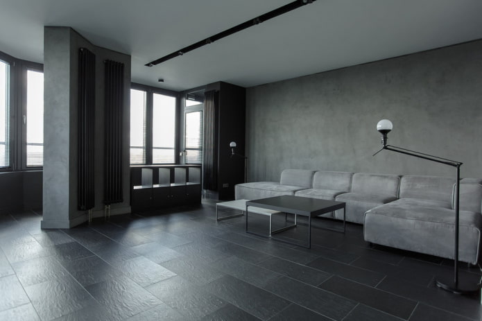 Intérieur d'un salon gris de style minimaliste