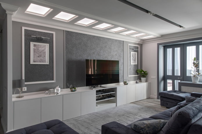 meubles dans un salon gris