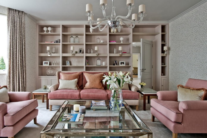 Intérieur de salon aux tons gris et roses