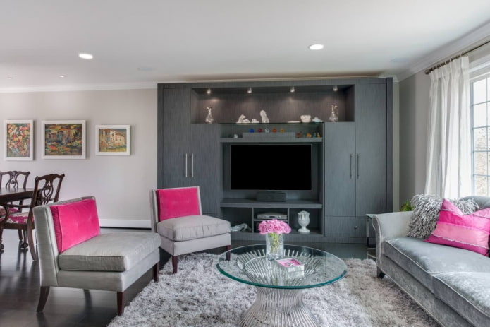 Intérieur de salon aux tons gris et roses