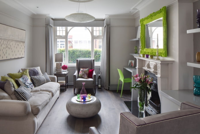 intérieur d'un salon gris aux accents lumineux