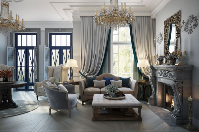 Intérieur d'un salon gris de style classique