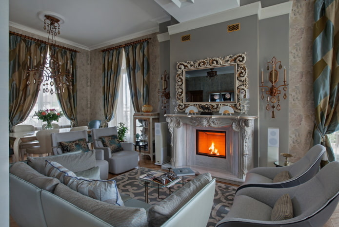 Intérieur d'un salon gris de style classique