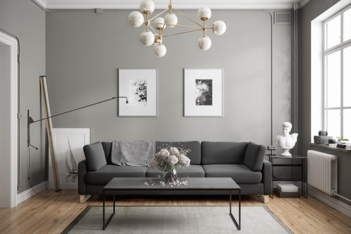 Design intérieur de salon dans les tons gris