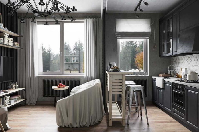intérieur d'un salon gris de style loft