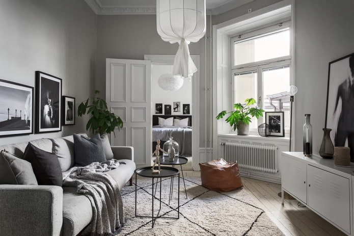 intérieur d'un salon gris de style scandinave