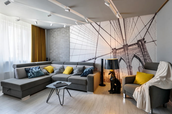 papier peint photo dans un salon gris
