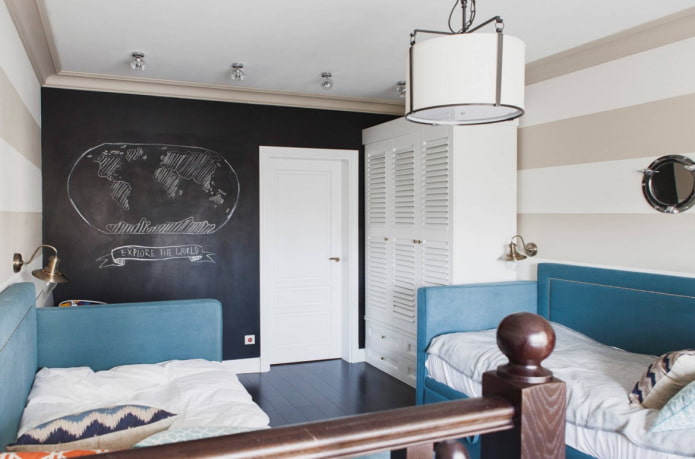 chambre d'enfant pour deux avec un mur en tableau noir