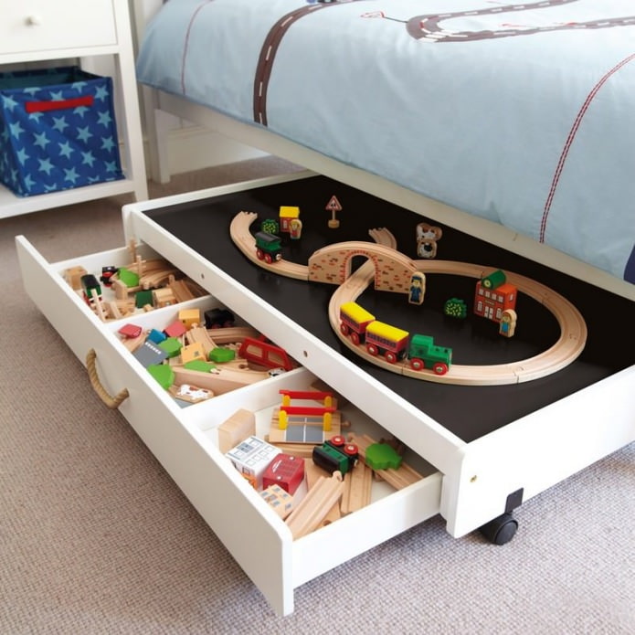 tiroirs dans un lit pour ranger les jouets dans une chambre d'enfant