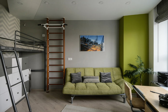 Intérieur d'une chambre d'enfant grise aux accents lumineux