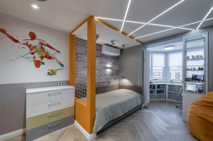 intérieur d'une chambre d'enfant grise avec des accents lumineux