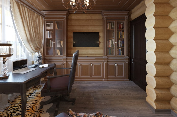 conception d'un bureau à l'intérieur d'une maison en rondins