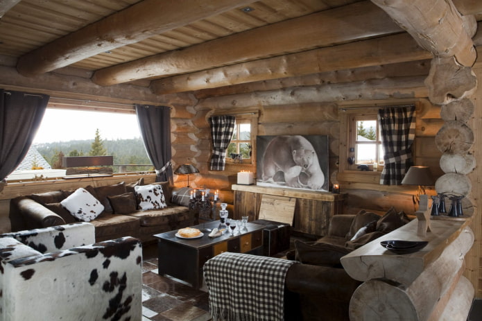 intérieur d'une maison en rondins de style chalet